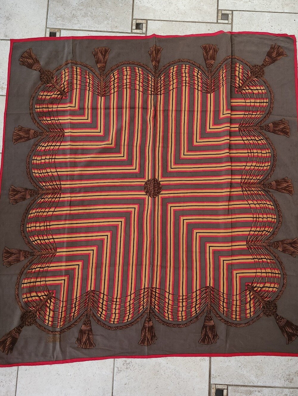 Vtg Sandra Roth CIAOSPORT Striped Tassel Print Square Silk Scarf